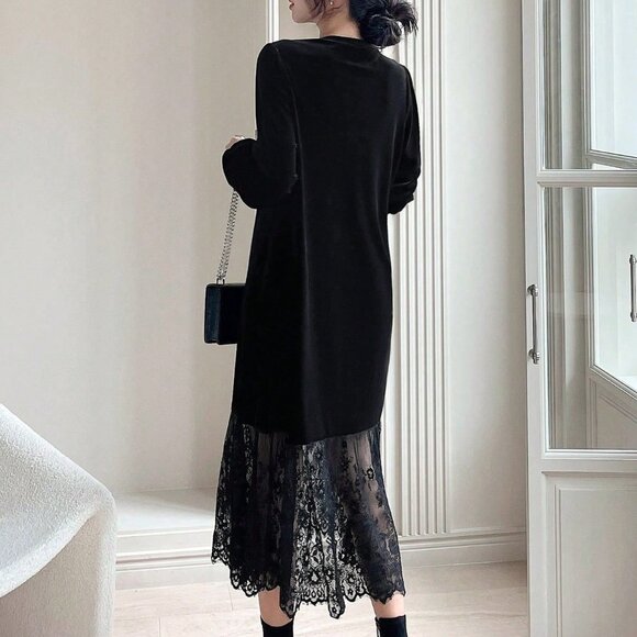 Black Elegant Women's Contrast Lace Hem Velvet Dress - Picture 2 of 7